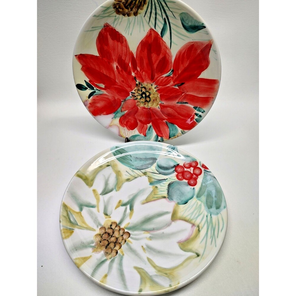 2 Pfaltzgraff Flower Salad Plate s Holiday Market Stoneware Decorative 8" across